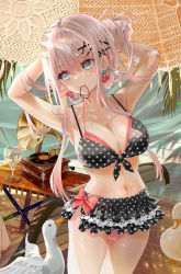 Rule 34 | 1girl, absurdres, animal, armpits, arms up, bandaid, bandaid on shoulder, beach umbrella, bikini, bikini skirt, bird, black bikini, blunt bangs, blush, bow, breasts, cherry earrings, cleavage, closed mouth, cowboy shot, cup, day, drink, drinking glass, duck, earrings, food-themed earrings, food themed earrings, hair bun, hair ornament, hair tie, hairclip, highres, ito lab, jewelry, large breasts, layered bikini, long hair, looking away, looking to the side, mouth hold, navel, original, outdoors, phonograph, pink bikini, polka dot, polka dot bikini, red bow, sidelocks, single hair bun, smile, solo, stomach, swimsuit, tying hair, umbrella, wooden floor, x hair ornament