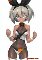 Rule 34 | abs, absurdres, alternate costume, bea (pokemon), bob cut, bodysuit, bodysuit under clothes, bow, bowtie, chromatic aberration, clenched hands, covered navel, creatures (company), fist bump, game freak, grey eyes, grey hair, hair bow, hair ribbon, hands up, highres, muscular, muscular female, ninnin (shishitou), nintendo, pokemon, pokemon swsh, rabbit ears, ribbon, see-through, short hair, simple background, smile, sports bikini, thighhighs, white background, wristband