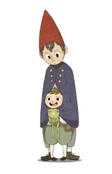 Rule 34 | 2boys, :d, animal, black eyes, blush stickers, brothers, brown hair, cape, frog, gregory (over the garden wall), happy, hat, looking at another, looking away, looking down, multiple boys, open mouth, over the garden wall, siblings, simple background, smile, white background, wirt (over the garden wall)
