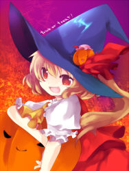 Rule 34 | 1girl, bad id, bad pixiv id, bat wings, blonde hair, eiko (pixiv), eiko (tukino), fang, female focus, flandre scarlet, food-themed hair ornament, hair ornament, halloween, hat, hat ribbon, jack-o&#039;-lantern, pumpkin, pumpkin hair ornament, red eyes, remilia scarlet, ribbon, side ponytail, solo, touhou, trick or treat, wings, witch hat