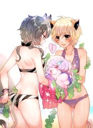 Rule 34 | 3girls, :d, :o, adjusting clothes, animal ears, ass, back, bad id, bad pixiv id, bikini, bikini pull, black bikini, black bow, blush, bow, bracelet, character request, chibi, closed eyes, clothes pull, earrings, fingernails, gluteal fold, grey hair, hair ornament, hairclip, halterneck, heart, holding, jewelry, laina (show by rock!!), mamaloni, multiple girls, nail polish, open mouth, parted lips, pink nails, pulled by self, purple bikini, seaweed, short hair, show by rock!!, smile, standing, star (symbol), star hair ornament, striped bikini, striped clothes, swimsuit, tail, white background, zebrina (show by rock!!), zzz