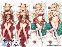 Rule 34 | 1girl, barefoot, blonde hair, box, breasts, commentary request, cuddly octopus, dakimakura (medium), fur trim, gift, gift box, granblue fantasy, horns, kyuri tizu, long hair, looking at viewer, medium breasts, multiple views, naughty face, navel, nipples, panties, panty pull, pillow, pussy, red eyes, thighhighs, uncensored, underwear, vira (granblue fantasy), watermark, white thighhighs