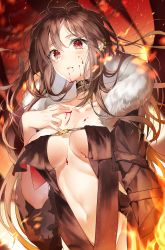 Rule 34 | 1girl, bad id, bad pixiv id, black hair, blood, blood on face, breasts, coat, dress, earrings, fate/grand order, fate (series), fire, h shai, highres, jewelry, large breasts, long hair, looking at viewer, necktie, red eyes, solo, stomach, vampire, yu mei-ren (fate)