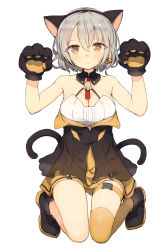Rule 34 | 1girl, animal ears, animal hands, bare shoulders, boots, breasts, cat ears, cat tail, cleavage, detached collar, earrings, expressionless, fake animal ears, food-themed earrings, food themed earrings, full body, girls&#039; frontline, highres, jack-o&#039;-lantern, jewelry, kneeling, looking at viewer, medium breasts, multiple tails, official alternate costume, paw pose, pumpkin earrings, shone, short hair, silver hair, simple background, single earring, single thighhigh, solo, tail, thighhighs, vector (girls&#039; frontline), vector (kitty paws) (girls&#039; frontline), white background, yellow eyes, yellow thighhighs