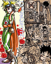 Rule 34 | 6+boys, blonde hair, brown gloves, cape, character request, chunsoft, dragon quest, dragon quest ii, elbow gloves, enix, full body, gloves, goggles, goggles on head, hanbu hantarou, looking at viewer, lowres, male focus, multiple boys, prince of samantoria, spiked hair, standing, translation request