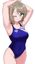 Rule 34 | 1girl, absurdres, blue eyes, blue one-piece swimsuit, blush, breasts, brown hair, competition swimsuit, cowboy shot, ereka, exercising, grey hair, highres, looking at viewer, love live!, love live! sunshine!!, medium breasts, one-piece swimsuit, one eye closed, short hair, simple background, solo, stretching, swimsuit, watanabe you, white background