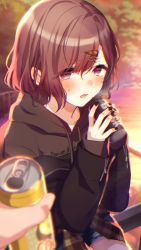 Rule 34 | 1girl, absurdres, black hoodie, black jacket, black nails, blurry, blurry background, blurry foreground, blush, brown hair, can, canned coffee, commentary request, denim, denim shorts, drink can, fingernails, hair ornament, hairclip, highres, higuchi madoka, hood, hoodie, idolmaster, idolmaster shiny colors, jacket, looking at viewer, mole, mole under eye, nail polish, off-shoulder jacket, off shoulder, on railing, purple eyes, railing, short hair, shorts, sitting, sleeves past wrists, solo focus, sweatdrop, yoi r