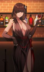 Rule 34 | 1girl, absurdres, alcohol, assault rifle, bad id, bad pixiv id, black dress, black gloves, bottle, braid, breasts, brick wall, brown eyes, brown hair, cero (last2stage), cleavage, closed mouth, commentary request, cup, dress, drinking glass, earrings, elbow gloves, eyepatch, flower, girls&#039; frontline, gloves, gun, hair flower, hair ornament, halterneck, highres, holding, holding cup, indoors, jewelry, large breasts, leaning on object, long hair, looking at viewer, m16, m16a1, m16a1 (girls&#039; frontline), mole, mole under eye, no bra, partially fingerless gloves, rifle, scar, scar across eye, scar on face, shelf, single braid, smile, solo, standing, weapon, wine, wine glass
