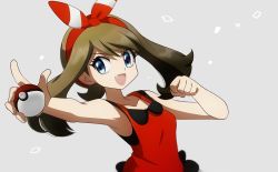 Rule 34 | 1girl, armpits, ayateaori, bag, bare shoulders, bike shorts, black shorts, blue eyes, bow, brown hair, child, clenched hand, clenched hands, collarbone, creatures (company), eyelashes, fang, fanny pack, female focus, fighting stance, flat chest, game freak, gen 3 pokemon, gen 6 pokemon, hair bow, hair ornament, hair ribbon, hand up, happy, holding, holding poke ball, index finger raised, legs, looking to the side, may (pokemon), may (pokemon oras), medium hair, neck, nintendo, open mouth, outstretched arms, poke ball, pokemon, pokemon adventures, red bow, red ribbon, red shirt, ribbon, shiny clothes, shirt, short ponytail, short shorts, shorts, side bangs, simple background, sleeveless, sleeveless shirt, smile, sparkle background, spread arms, standing, thighs, tight clothes, tight shirt, two-tone bow, two-tone ribbon, v-shaped eyebrows, white background