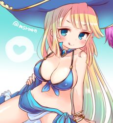 Rule 34 | 1girl, :q, awilda (p&amp;d), bad id, bad pixiv id, blonde hair, blue eyes, blush, bracelet, breasts, cleavage, front-tie top, halterneck, halterneck, hat, heart, jewelry, large breasts, long hair, looking at viewer, mashiro miru, midriff, mole, navel, puzzle &amp; dragons, sarong, sitting, smile, solo, spoken heart, tongue, tongue out, twitter username