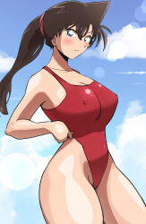 Rule 34 | 1girl, ass, blue eyes, breasts, brown hair, covered erect nipples, female focus, highres, large breasts, long hair, meitantei conan, mouri ran, nipples, ponytail, poron (pixiv id 17549041), swimsuit, tms entertainment