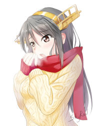 Rule 34 | 10s, 1girl, aran sweater, artist name, black hair, breasts, brown eyes, cable knit, cold, haruna (kancolle), headgear, kantai collection, long hair, red scarf, scarf, simple background, skyrail, solo, sweater