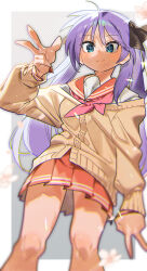 Rule 34 | 1girl, black ribbon, blue eyes, blurry, brown cardigan, cardigan, depth of field, double v, feet out of frame, from below, hair ribbon, highres, hiiragi kagami, long hair, looking at viewer, lucky star, neckerchief, pink neckerchief, pleated skirt, purple hair, red sailor collar, red skirt, ribbon, ryouou school uniform, sailor collar, school uniform, serafuku, skirt, sofa (enogunomu), solo, standing, twintails, v