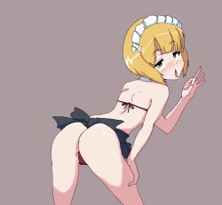 Rule 34 | 1girl, ass, bikini, blonde hair, blush, cutlass (girls und panzer), fellatio gesture, from behind, girls und panzer, highres, leaning forward, looking at viewer, maid headdress, naughty face, open mouth, picccolo0401, skirt, solo, swimsuit, tongue, tongue out, yellow eyes