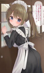 Rule 34 | 1girl, apron, black dress, blue eyes, blush, brown hair, commentary request, double bun, dress, frilled apron, frills, hair between eyes, hair bun, highres, indoors, long hair, long sleeves, looking at viewer, looking back, maid, maid apron, maid headdress, mimikaki (men bow), original, parted lips, solo, translation request, twintails, white apron