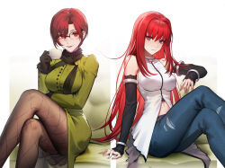 Rule 34 | 2girls, absurdres, aozaki aoko, aozaki touko, blue hair, couch, crossed legs, cup, denim, glasses, highres, jeans, mahou tsukai no yoru, multiple girls, pants, q18607, red eyes, red hair, siblings, simple background, sisters, sitting, white background