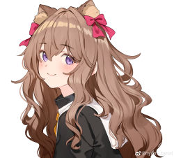Rule 34 | 1girl, absurdres, animal ears, black shirt, bow, brown hair, closed mouth, commentary, english commentary, hair between eyes, hair bow, high collar, highres, light blush, long hair, looking at viewer, nyum, original, pink bow, purple eyes, shirt, simple background, smile, solo, upper body, weibo logo, weibo watermark, white background