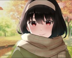 Rule 34 | 1girl, :&gt;, a a (sfpz3443), autumn, autumn leaves, black hair, blurry, blurry background, blush, brown coat, brown scarf, closed mouth, coat, day, enpera, hairband, leaf, looking at viewer, outdoors, plaid, plaid scarf, portrait, red eyes, scarf, smile, solo, spy x family, tree, yor briar