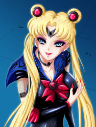 Rule 34 | bishoujo senshi sailor moon, bishoujo senshi sailor moon s, blue sailor collar, breasts, choker, circlet, cleavage, corruption, cosplay, crescent, crescent earrings, dark persona, diadem, earrings, eyeshadow, hair over shoulder, highres, jewelry, kiryu (pixiv1983506), makeup, meme, mind control, nail polish, parted bangs, pink eyeshadow, red choker, red lips, red nails, sailor collar, sailor moon, sailor moon (cosplay), sailor moon redraw challenge (meme), smile, tsukino usagi, twintails, upper body