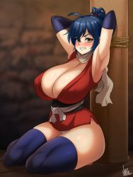 Rule 34 | 1girl, armpits, arms up, bdsm, black gloves, black thighhighs, blue hair, blush, bound, breasts, cleavage, commentary, covered erect nipples, elbow gloves, gloves, highres, huge breasts, jmg, looking at viewer, manyuu chifusa, manyuu hikenchou, signature, solo, thick thighs, thighhighs, thighs, yellow eyes