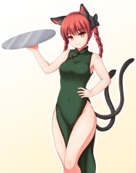 Rule 34 | 1girl, animal ears, arm up, armpits, bare legs, bare shoulders, black bow, blunt bangs, bow, braid, breasts, cat ears, cat tail, china dress, chinese clothes, closed mouth, dress, eyebrows, green dress, hair bow, hand on own hip, hip focus, holding, holding tray, isaki (gomi), kaenbyou rin, legs, long hair, looking at viewer, medium breasts, multiple tails, nekomata, no panties, pelvic curtain, red hair, side slit, simple background, sleeveless, sleeveless dress, smile, solo, tail, touhou, tray, twin braids, two tails, yellow background