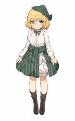 Rule 34 | 1girl, :&lt;, blonde hair, bloomers, blue eyes, boots, full body, girls&#039; frontline, green skirt, hat, high-waist skirt, highres, knee boots, long sleeves, looking at viewer, monocle, p99 (girls&#039; frontline), shirt, shone, short hair, simple background, skirt, solo, striped clothes, striped skirt, underwear, vertical-striped clothes, vertical-striped skirt, white background, white shirt