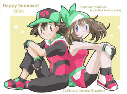 Rule 34 | 1boy, 1girl, 2004, alternate costume, artist request, ash ketchum, back-to-back, bandana, bare arms, bare shoulders, baseball cap, bike shorts, black eyes, black gloves, black hair, black legwear, black pants, blue eyes, blush, breasts, brown hair, closed mouth, collared dress, couple, creatures (company), dress, english text, fingerless gloves, full body, game freak, gloves, green bandanna, green headwear, hat, hetero, knee up, knees up, legs, looking at viewer, may (pokemon), may (pokemon emerald), medium breasts, multicolored clothes, multicolored gloves, multicolored shirt, nintendo, pants, pokemon, pokemon (anime), pokemon emerald, pokemon rse, red dress, red footwear, red shirt, shirt, shoes, short dress, short hair, short sleeves, sitting, sleeveless, sleeveless dress, smile, sneakers, socks, white gloves