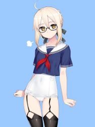 Rule 34 | 1girl, ahoge, arms at sides, artoria pendragon (fate), black-framed eyewear, black ribbon, black thighhighs, blonde hair, blue background, blue shirt, braid, braided bun, cameltoe, closed mouth, covered navel, cowboy shot, fate/grand order, fate (series), garter straps, glasses, hair bun, hair ribbon, looking at viewer, mysterious heroine x alter (fate), namonashi, neckerchief, one-piece swimsuit, red neckerchief, ribbon, round eyewear, sailor collar, school swimsuit, school uniform, semi-rimless eyewear, serafuku, shirt, short sleeves, simple background, solo, standing, swimsuit, swimsuit under clothes, thighhighs, under-rim eyewear, white one-piece swimsuit, white sailor collar, yellow eyes