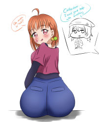 Rule 34 | 2girls, absurdres, ass, blush, breasts, danzfloor, from behind, hair bobbles, hair ornament, highres, huge ass, looking at viewer, looking back, love live!, love live! sunshine!!, multiple girls, naughty face, orange hair, pants, red eyes, short hair, sideboob, sitting, smile, takami chika, tattoo, tongue, tongue out