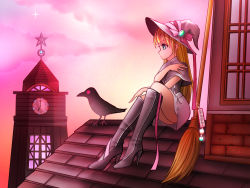 Rule 34 | 1girl, akagiponnu, bird, blonde hair, blue eyes, boots, capelet, clock, clock tower, fantasy, gradient sky, hat, high heel boots, high heels, knee boots, long hair, looking to the side, on roof, original, outdoors, ribbon, rooftop, sitting, skirt, sky, tower, witch, witch hat, wizard