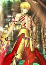 Rule 34 | 1boy, armor, blonde hair, earrings, fate/grand order, fate (series), gilgamesh (fate), hand on own hip, holding, holding sword, holding weapon, jewelry, looking at viewer, male focus, red eyes, resized, smile, solo, sword, takeuchi takashi, tattoo, tree, upscaled, waifu2x, weapon
