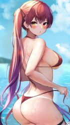 Rule 34 | 1girl, ass, back, bare arms, bare shoulders, bikini, blurry, blurry background, blush, breasts, crossed bangs, day, earrings, fang, gradient hair, hair ribbon, halterneck, heart, heart earrings, heterochromia, highres, holding, holding clothes, hololive, houshou marine, houshou marine (summer), jewelry, large breasts, long hair, looking at viewer, looking back, multicolored hair, ocean, outdoors, purple eyes, red bikini, red eyes, red hair, ribbon, sidelocks, skindentation, smile, solo, standing, string bikini, sunlight, swimsuit, tako 8 yaki, tan, tanline, thigh strap, thighs, twintails, untied bikini, very long hair, virtual youtuber, wading, wet, yellow eyes