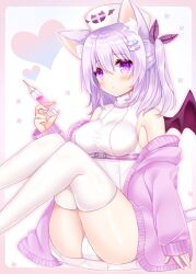 Rule 34 | 1girl, :o, animal ear fluff, animal ears, ass, bare shoulders, blush, breasts, cat ears, cat girl, cat tail, commentary request, dress, feet out of frame, hair between eyes, hair ribbon, hat, heart, highres, holding, holding syringe, jacket, knees up, long sleeves, medium breasts, nurse, nurse cap, off shoulder, one side up, open clothes, open jacket, original, panties, parted lips, pill hair ornament, pink jacket, puffy long sleeves, puffy sleeves, purple eyes, purple hair, purple ribbon, purple wings, ribbon, shikito (yawa0w0), sitting, sleeveless, sleeveless dress, solo, syringe, tail, thighhighs, underwear, white background, white dress, white hat, white panties, white thighhighs, wings