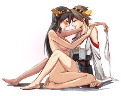 Rule 34 | 10s, 2girls, bare shoulders, black hair, blush, clothed female nude female, couple, detached sleeves, embarrassed, hairband, haruna (kancolle), hiei (kancolle), highres, incest, japanese clothes, kantai collection, kneeling, long hair, looking at another, multiple girls, nontraditional miko, nude, sen (alshy379), sweat, tears, yuri