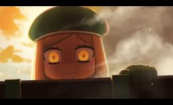 Rule 34 | 1girl, a grim reminder, blonde hair, commentary request, fate/grand order, fate (series), giant, giantess, gloves, hat, letterboxed, parody, paul bunyan (fate), shingeki no kyojin, smile, solo, wall, yellow eyes, yue (tada no saboten)