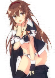 Rule 34 | 1girl, :d, beritabo, black gloves, black shirt, black skirt, blush, bow, bow bra, bow panties, bra, breasts, brown eyes, brown hair, cleavage, clothes pull, collarbone, fingerless gloves, gloves, hair flaps, hairband, kantai collection, long hair, looking at viewer, medium breasts, navel, open clothes, open mouth, open shirt, panties, pleated skirt, puffy short sleeves, puffy sleeves, red hairband, remodel (kantai collection), ribbon-trimmed bra, ribbon-trimmed panties, sailor collar, shiratsuyu (kancolle), shirt, short sleeves, skirt, skirt pull, smile, solo, underwear, very long hair, whistle, whistle around neck, white background, white bra, white panties, white sailor collar