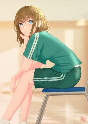 Rule 34 | 1girl, absurdres, blonde hair, blue eyes, blurry, blurry background, chair, double vertical stripe, feet out of frame, from side, frown, green shirt, green shorts, gym shirt, gym shorts, gym uniform, head rest, highres, kyarabukie, looking at viewer, looking to the side, on chair, original, shirt, short sleeves, shorts, sitting, socks, solo, uniform, white socks