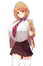Rule 34 | 10s, 1girl, breasts, brown eyes, brown hair, hair ornament, heart, heart hair ornament, highres, huge breasts, light smile, matching hair/eyes, narusawa ryouka, occultic;nine, plaid, plaid skirt, shirt tucked in, short hair, simple background, skirt, solo, thighhighs, thighs, white background, white thighhighs, wujia xiaozi, zettai ryouiki