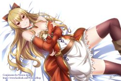 Rule 34 | 10s, 1girl, bare shoulders, black bow, black thighhighs, blonde hair, blush, boots, bow, breasts, brown footwear, character doll, cleavage, hugging doll, dress, empty eyes, granblue fantasy, hair between eyes, hair bow, katalina (granblue fantasy), long hair, looking at viewer, lying, medium breasts, hugging object, off-shoulder dress, off shoulder, on back, parted lips, red dress, red eyes, smile, solo, the-sinner, the-sinnerz, thighhighs, vira (granblue fantasy)