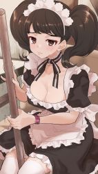 Rule 34 | 1girl, apron, black dress, blush, bow, bowtie, breasts, broom, brown eyes, brown hair, cleavage, closed mouth, collarbone, cowboy shot, detached collar, dress, flipped hair, frilled sleeves, frills, furrowed brow, highres, holding, holding broom, indoors, kawakami sadayo, kurosususu, looking ahead, maid, maid headdress, medium breasts, medium hair, persona, persona 5, pink lips, short sleeves, sitting, solo, sweatdrop, swept bangs, thighhighs, twintails, twintails day, watch, white apron, white thighhighs, zettai ryouiki