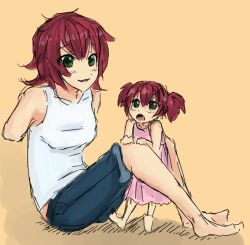 Rule 34 | 10s, 2girls, age difference, aged up, amputee, armless amputee, bare shoulders, barefoot, child, double amputee, dress, green eyes, if they mated, katawa shoujo, mother and daughter, multiple girls, pink dress, red hair, short twintails, shorts, tank top, tezuka rin, twintails, twrlare