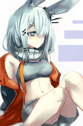 Rule 34 | 1girl, alternate costume, animal ears, ao oni (onioni-aoi), arknights, bare shoulders, bright pupils, closed mouth, enpera, frostnova (arknights), grey eyes, hair ornament, hair over one eye, hairclip, highres, jacket, long hair, material growth, midriff, navel, oripathy lesion (arknights), rabbit ears, rabbit girl, scarf, shorts, silver hair, sitting, solo, sports bra