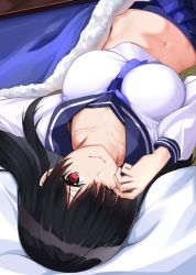 Rule 34 | 1girl, black hair, blue neckerchief, blue sailor collar, blue skirt, breasts, cleavage, closed mouth, collarbone, crop top, hair spread out, hand up, kotatsu, large breasts, long hair, long sleeves, looking at viewer, lying, midriff, navel, neckerchief, on back, one eye closed, original, pillow, red eyes, rubbing eyes, sailor collar, school uniform, serafuku, shirt, sidelocks, skirt, solo, stomach, table, tears, upside-down, white shirt, xiujia yihuizi