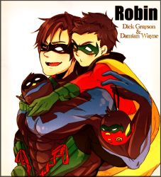 Rule 34 | 2boys, batman (series), bird, bodysuit, boots, brothers, cape, carrying, character name, cross-laced footwear, damian wayne, dc comics, dick grayson, domino mask, family, gauntlets, gloves, lace-up boots, male focus, mask, multiple boys, nightwing, piggyback, robin (dc), siblings, smile