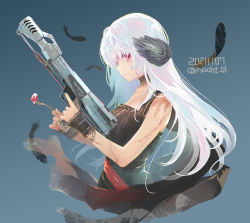 Rule 34 | 1girl, banned artist, bare shoulders, black dress, blue background, dated, dress, feathers, fork, girls&#039; frontline, gun, highres, holding, holding fork, holding gun, holding weapon, long hair, looking at viewer, muzzle device, nacht (nacht 01), official alternate costume, pink eyes, profile, prototype design, rifle-caliber handgun, rifle-caliber pistol, scar, sleeveless, sleeveless dress, solo, thunder (girls&#039; frontline), triple action, triple action thunder, twitter username, upper body, weapon, white hair
