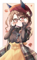 Rule 34 | 1girl, animal ears, autumn leaves, beret, bespectacled, black-framed eyewear, black shirt, breasts, brown background, closed mouth, commentary request, ears through headwear, glasses, hands up, hat, highres, horse ears, king halo (umamusume), leaf, long sleeves, looking at viewer, maple leaf, medium breasts, motoi ayumu, one side up, parted bangs, plaid, polka dot, polka dot background, red eyes, red hat, shawl, shirt, skirt, sleeves past wrists, smile, solo, star (symbol), two-tone background, umamusume, white background, yellow skirt