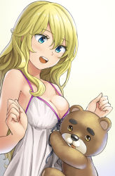 Rule 34 | 1girl, bad id, bad pixiv id, bare arms, bare shoulders, blonde hair, blue eyes, breasts, camisole, cleavage, commentary request, gradient background, hair between eyes, long hair, looking down, medium breasts, original, sleeveless, solo, spaghetti strap, strap gap, stuffed animal, stuffed toy, teddy bear, upper body, very long hair, wavy hair, yellow background, yoropa