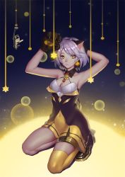 Rule 34 | 1girl, animal ears, assault rifle, bear paws, breasts, cat ears, collarbone, covered navel, dress, earrings, fake animal ears, full body, girls&#039; frontline, gun, highres, jack-o&#039;-lantern, jack-o&#039;-lantern earrings, jewelry, light purple hair, looking at viewer, medium breasts, official alternate costume, rifle, single thighhigh, sitting, solo, star (symbol), syou kuwei, thighhighs, vector (girls&#039; frontline), vector (kitty paws) (girls&#039; frontline), weapon, yellow eyes, yellow thighhighs