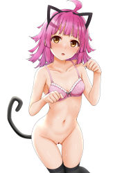 Rule 34 | 1girl, absurdres, ahoge, animal ears, bare arms, bare shoulders, black thighhighs, blush, bottomless, bow, bow bra, bra, breasts, brown eyes, cat ears, cat tail, censored, collarbone, fake animal ears, feet out of frame, frilled bra, frills, groin, hands up, heart, heart censor, highres, long hair, looking at viewer, love live!, love live! nijigasaki high school idol club, miel (lessontome), navel, nose blush, parted lips, paw pose, pink bra, pink hair, pussy, simple background, small breasts, solo, sweat, tail, tennoji rina, thigh gap, thighhighs, underwear, underwear only, white background