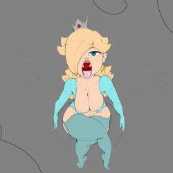 Rule 34 | 1girl, blonde hair, blue eyes, breasts, cleavage, cum, cum in mouth, female focus, flat color, full body, highres, large breasts, looking at viewer, mario (series), nintendo, open mouth, rosalina, solo, super mario bros. 1, the boogie, uvula, wide hips